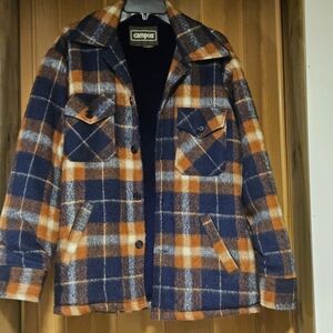 Men's Blue and Orange Plaid Campus Jacket Vintage